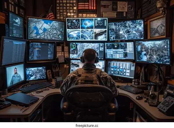 Soldier monitors multiple computer screens in a dark room