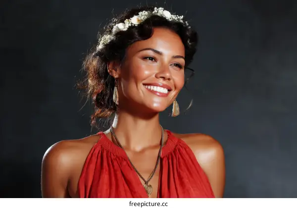 Smiling Woman in Red Dress with Flower Crown