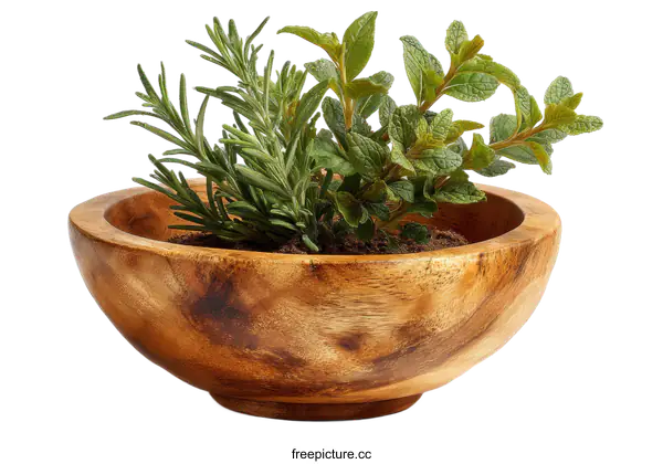 [Transparent Background PNG]Wooden Bowl with Fresh Herbs
