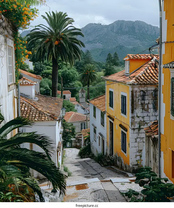 Narrow cobblestone street in a European village with palm trees and mountains in the background