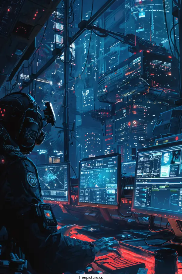 A hacker in a dark room with a computer and a futuristic city in the background