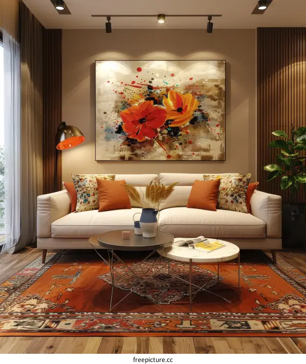 Modern Living Room Interior Design with Orange Accents