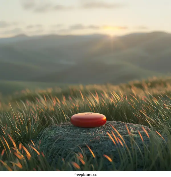 Red glowing puck on rock in grassy field at sunset