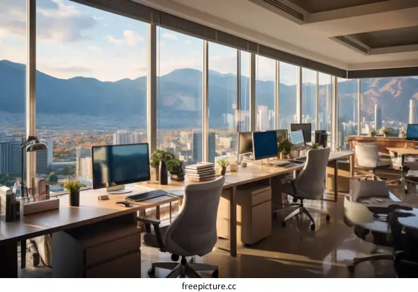 Modern office interior with large windows and city view