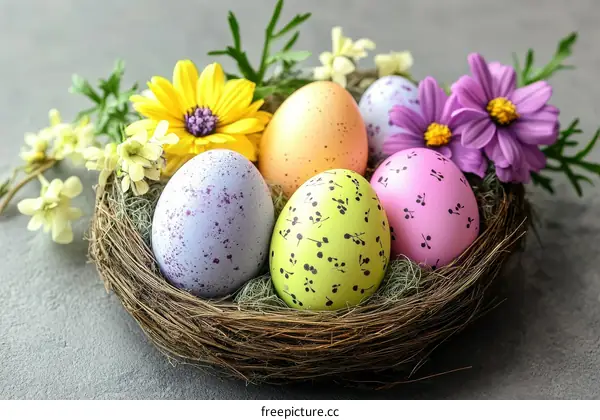 Colorful Easter Eggs in a Nest Decorated with Flowers