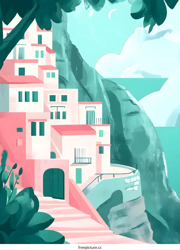 Mediterranean Sea Coast Villa Illustration