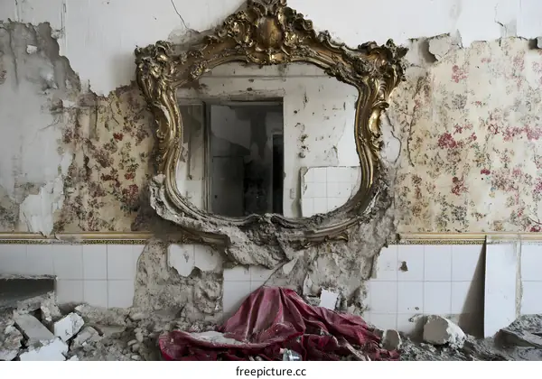 Ornate Mirror in a Crumbling Building