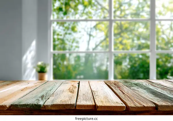 Wooden Table Top with a View of a Window