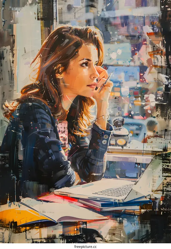 A painting of a woman sitting at a desk and looking out the window