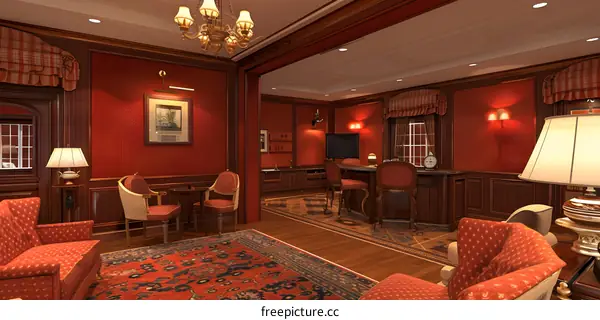 Luxury Living Room Interior Design with Red Walls and Wooden Furnishings