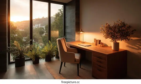 Modern Home Office with Panoramic Sunset View