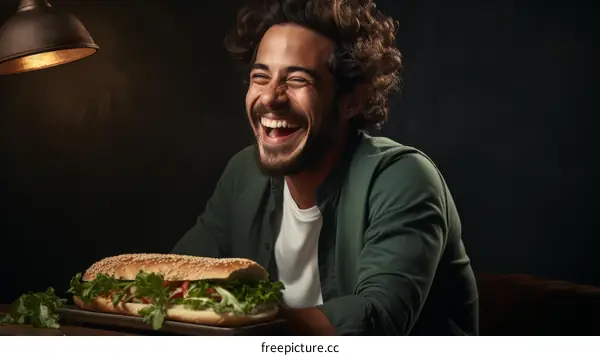Laughing man eating a large sandwich
