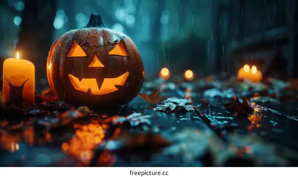 Halloween pumpkin in the rain