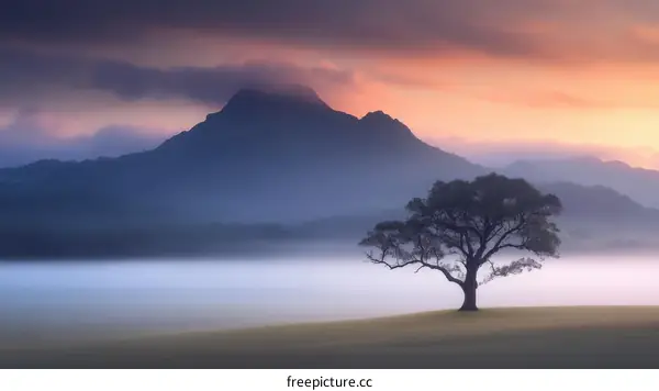 Misty Sunrise Mountain Landscape with Solitary Tree