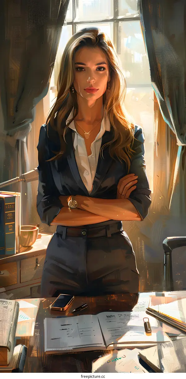 Business Woman Looking Out Window in Office