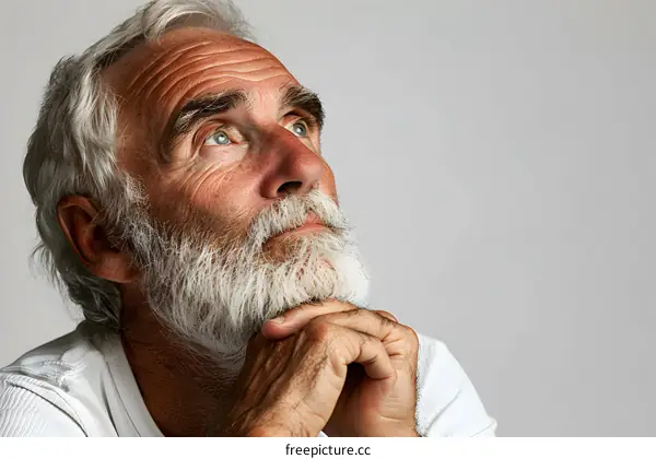 An old man with white beard looking up
