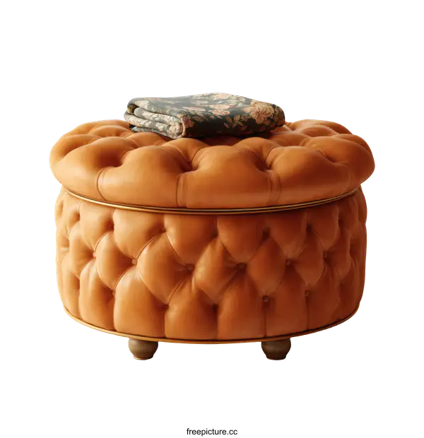 [Transparent Background PNG]Round Leather Ottoman with Decorative Throw