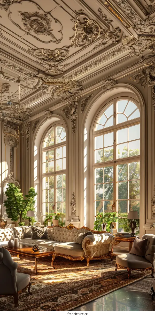Elegant Living Room with Ornate Ceiling and Large Windows