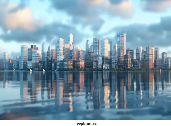 City Skyline with Water Reflection and Cloudy Sky