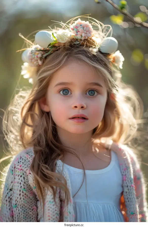 Little girl wearing a wreath of flowers and eggs