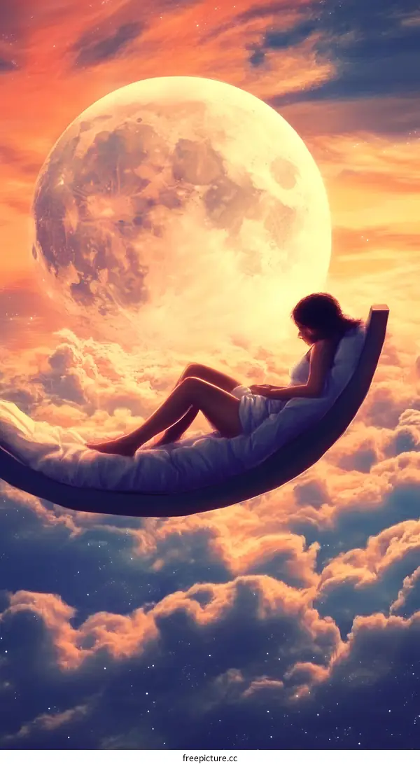Woman Sleeping on a Crescent Moon in the Sky
