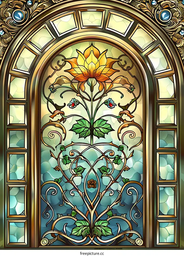 Art Nouveau Style Stained Glass Window With Floral Design