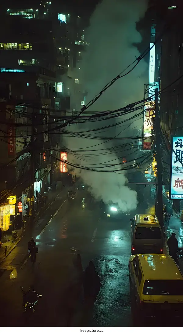 Rainy Night Street in Asian City with Smoke and Neon Lights