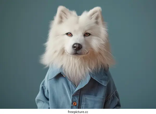 A white fluffy dog wearing a blue denim shirt