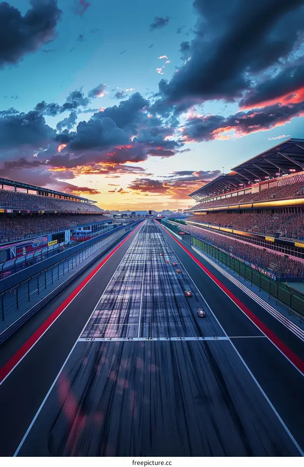 Formula One cars racing on a track at dusk
