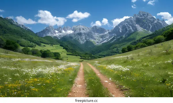 Mountain Range with Dirt Road and Meadow