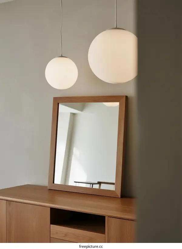 Modern wooden cabinet with round pendant lights and mirror