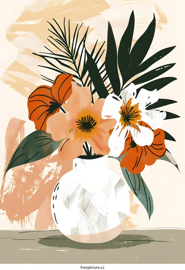 Abstract Floral Illustration with White Vase
