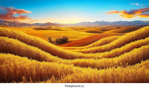 Golden Hills and Fields Landscape at Sunset