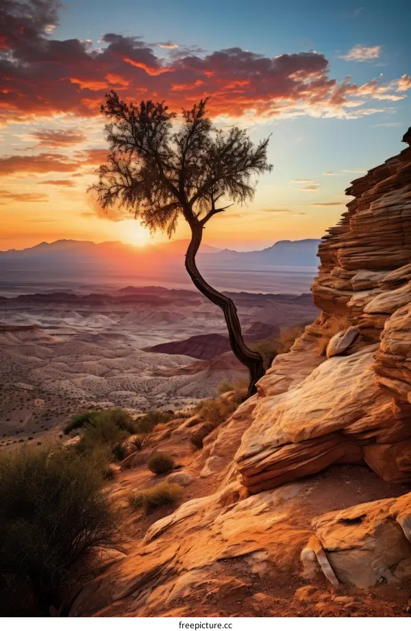 Arid desert landscape with a lonely tree at sunset