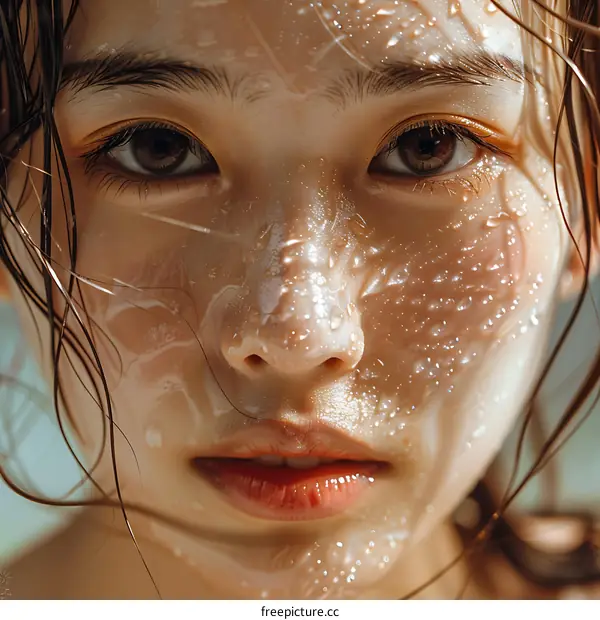 Closeup of a Young Woman with Water Droplets on her Face