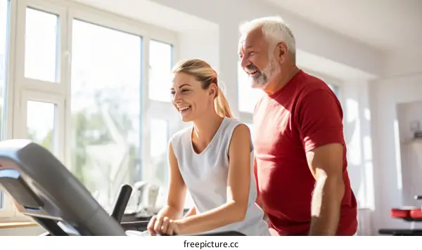 Senior man and young woman exercising together on a treadmill