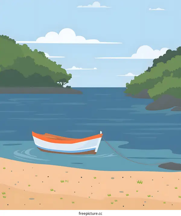 Small Boat Anchored in a Bay with Lush Greenery
