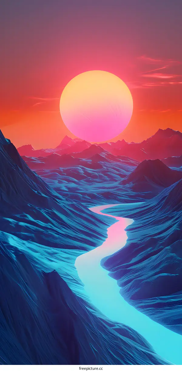 Abstract Mountain Landscape with River and Sun