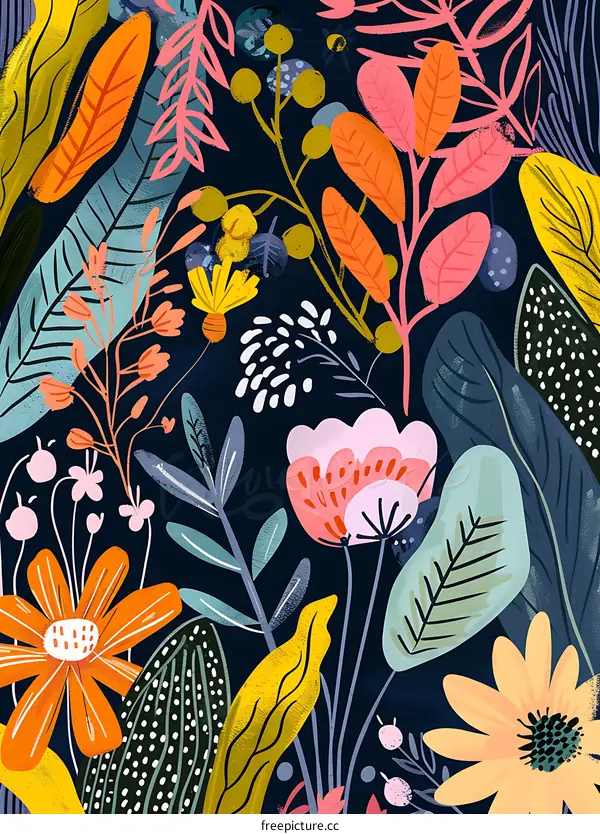 Colorful Floral Pattern with Dark Blue Background