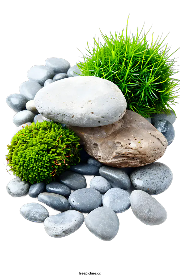 [Transparent Background PNG]Zen Garden Stones and Plants on White Background