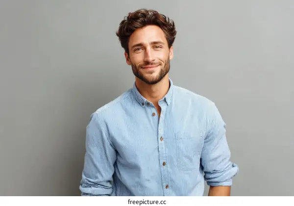 Smiling Caucasian Man in Light Blue Shirt
