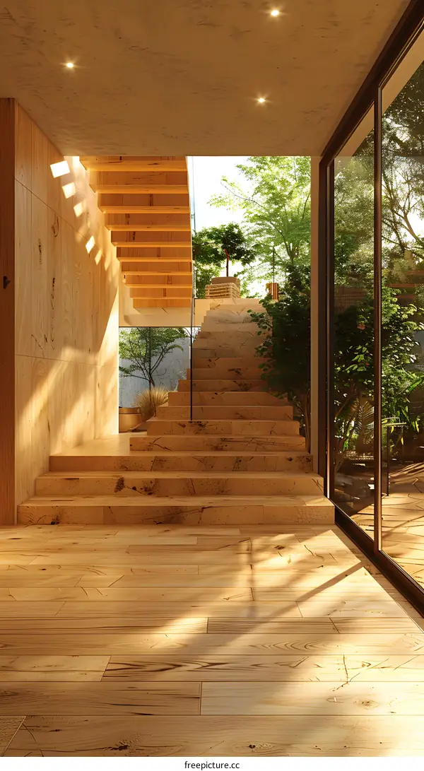Wooden stairs in a modern house with large windows