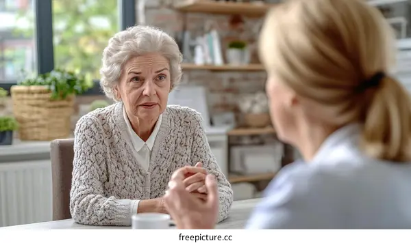 Elderly Caucasian Woman in Conversation