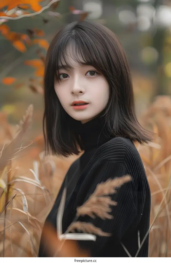 Portrait of Young Woman with Brown Hair Looking at Camera