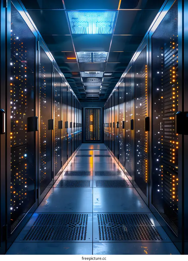 Server room with rows of server racks containing multiple server blades and blinking lights