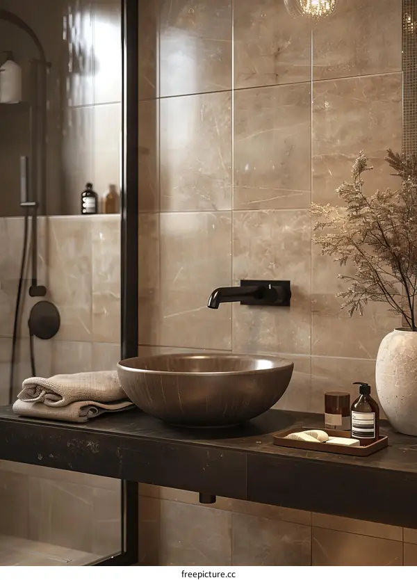 Modern Beige Bathroom Vanity with Dark Countertop