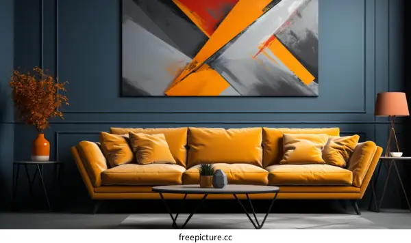A Stylish Living Room With A Yellow Sofa And Geometric Painting