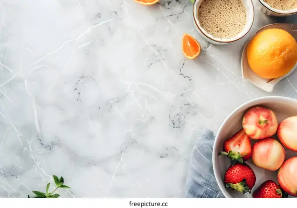 Flat Lay with Fresh Fruit and Coffee on Marble Background