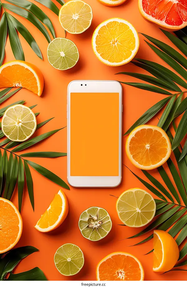 Summer Fruit and Smartphone Mockup on Orange Background