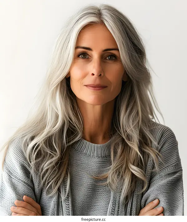 portrait of a beautiful middle aged woman with gray hair